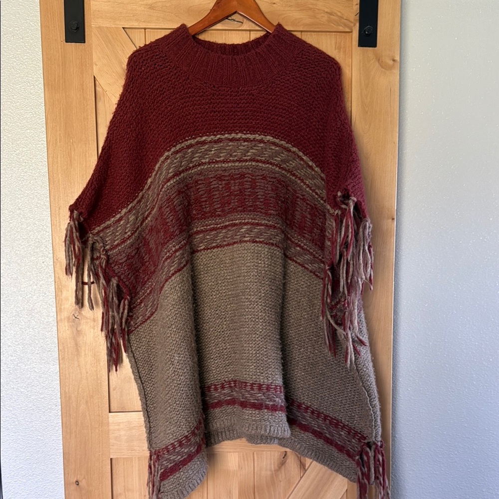 Free People Red and Brown Shrug Poncho with Fringe